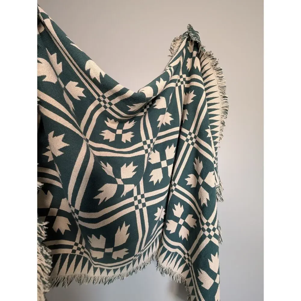 Antique Style Woven Coverlet Throw Teal Green Cabin Americana Blanket